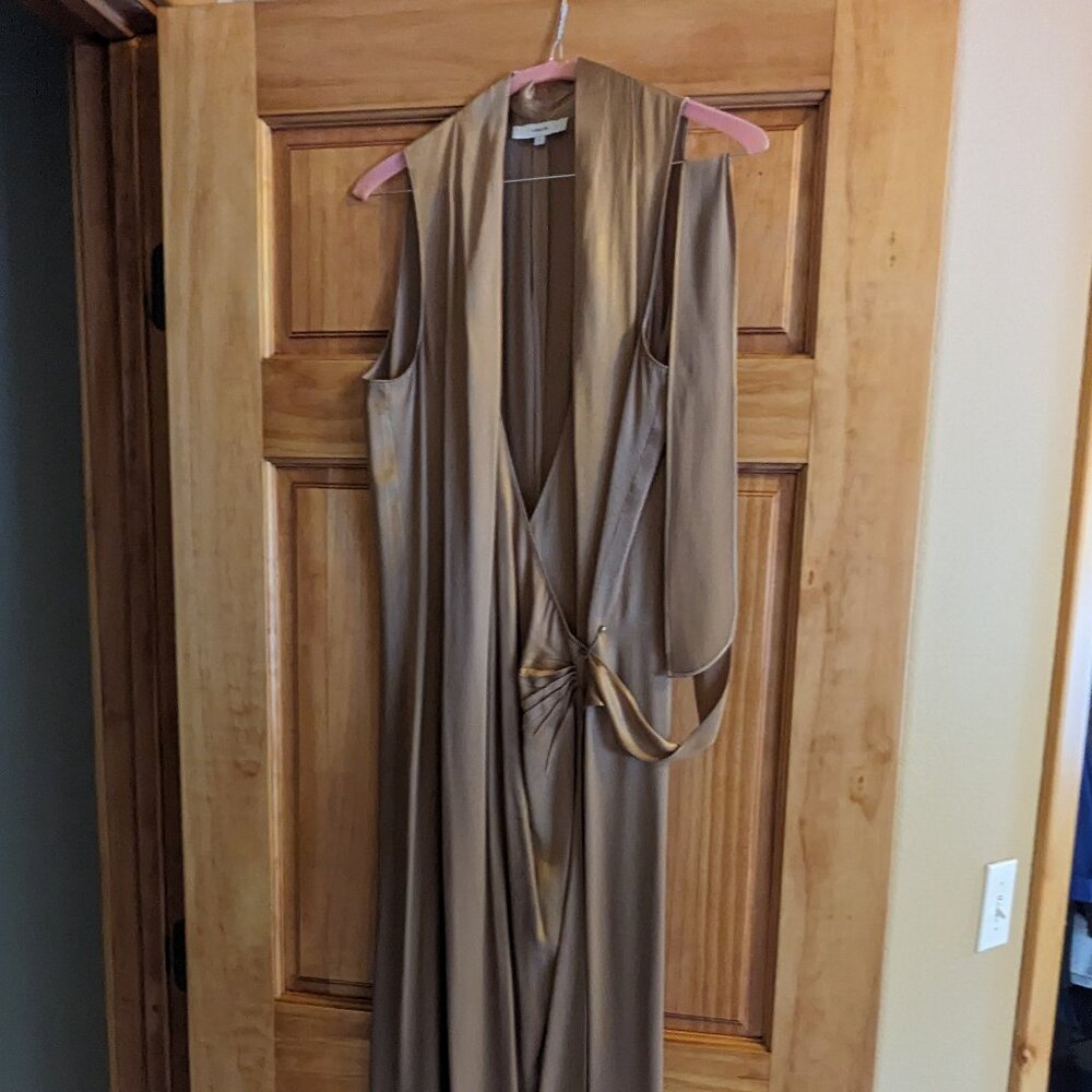 Gold, silk dress for a black tie wedding